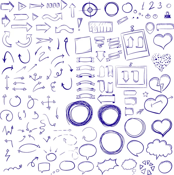 Hand drawn sketch elements. Arrows, pointers, frames, speach bubbles and stripes, ribbons, hearts and round frames in one set — Stock Vector