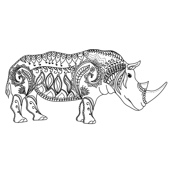 Rajz zentangle ihlette rhino színezés oldal, ing design hatása, logo, tetoválás és dekoráció — Stock Vector