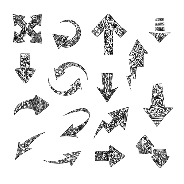 Hand getekende gestileerde pijlen vector collectie. Set van doodle tribal pointers. Elementen voor levendige wenskaart en briefkaart, henna en tattoo design — Stockvector
