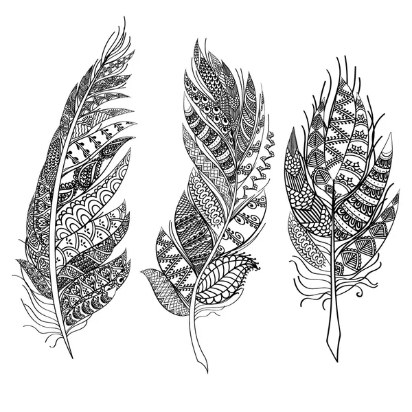 民族的羽毛。部落的羽毛复古图案。手画涂鸦插图 — 图库矢量图片