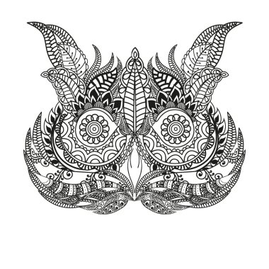 El siyah beyaz illüstrasyon baykuş sinek kuşu çekilmiş. Sanat boyama kitabı sayfası. Çiçek süsleme ile sevimli siyah beyaz kroki. Boho, aşiret baykuş.