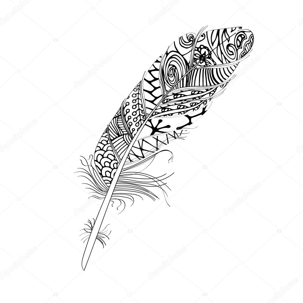 Hand drawn stylized boho feather and doodle tribal ornamental black feather. Isolated icon. Decorative vintage graphic vector art.