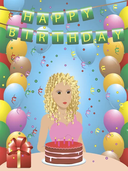 Feliz cumpleaños tarjeta de felicitación con la señorita — Vector de stock