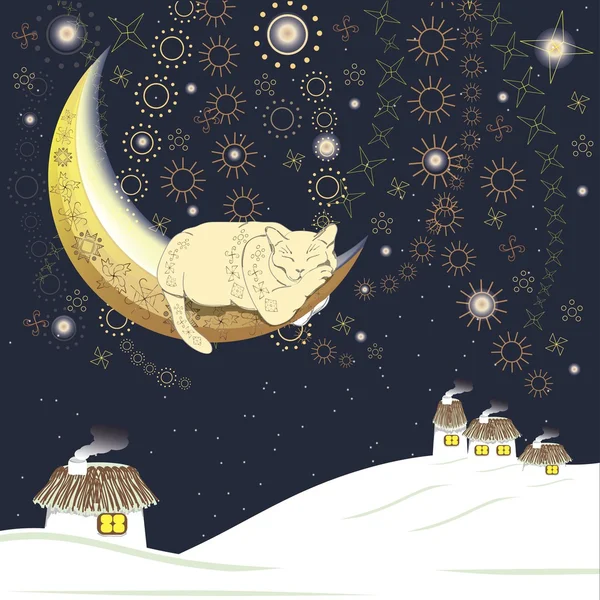 Gato adormecido na lua sobre a aldeia ucraniana no inverno, contém escovas — Vetor de Stock