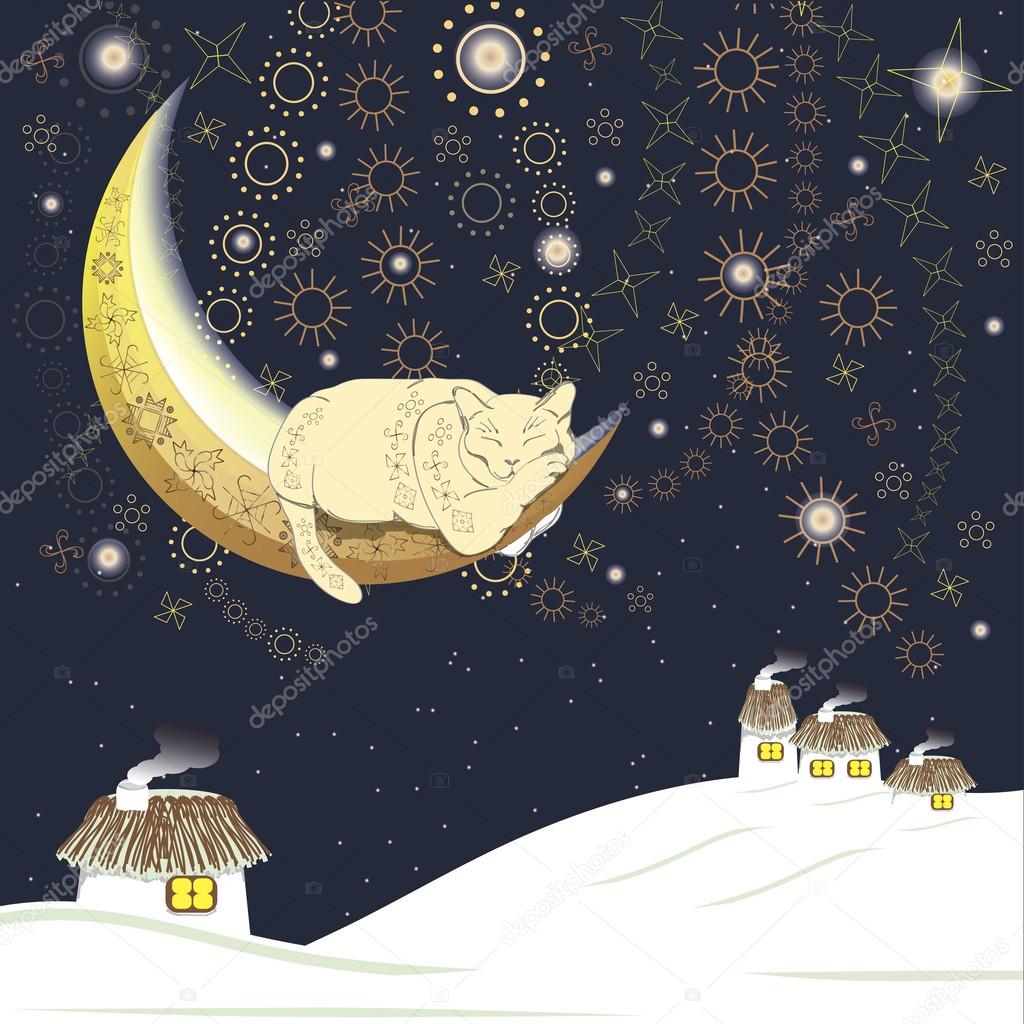 Sleeping cat on the moon over Ukrainian village in winter, contains brushes