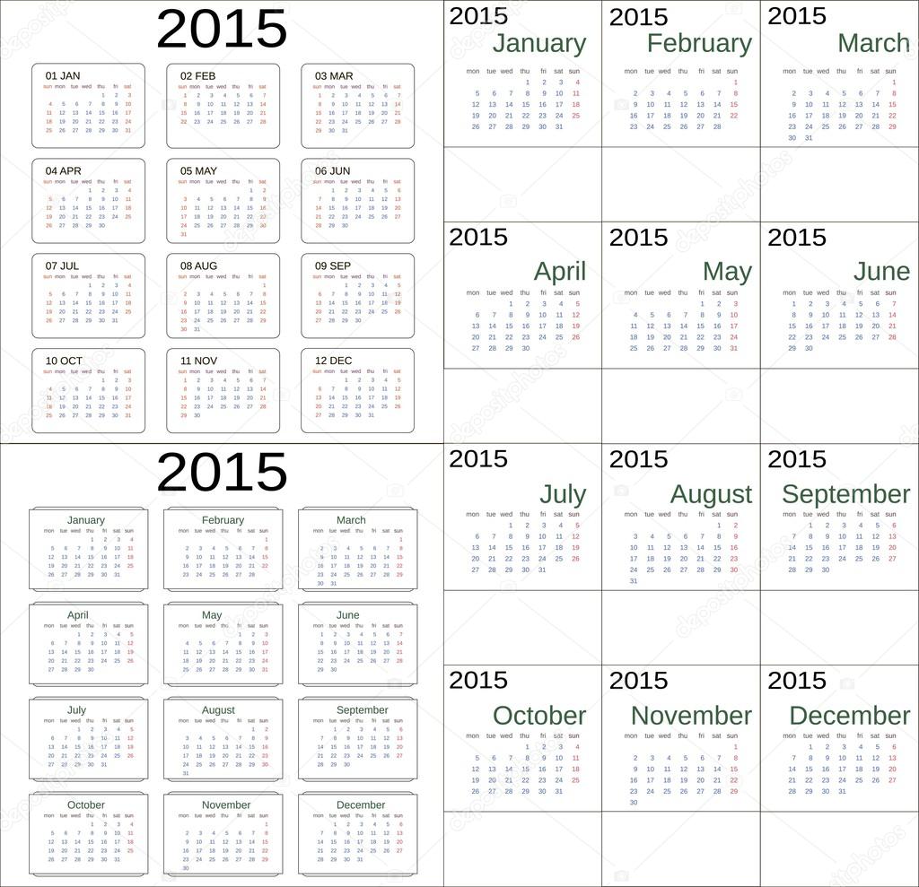 Simple 2015 Calendar UNIVERSAL PATTERN week starts with sunday, with monday, short and full month names, horizontal and vertical version. Easy color edit, free font used.