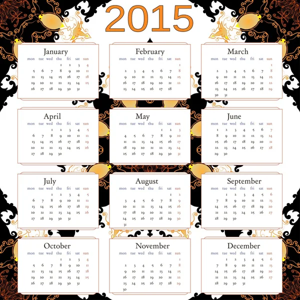 2015 calendar with abstract background. Free font used, week starts with monday. — Stock Vector