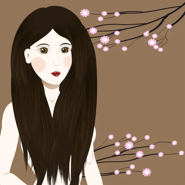 Cute asian girl with long haircut on sakura flowers background — Stock Vector