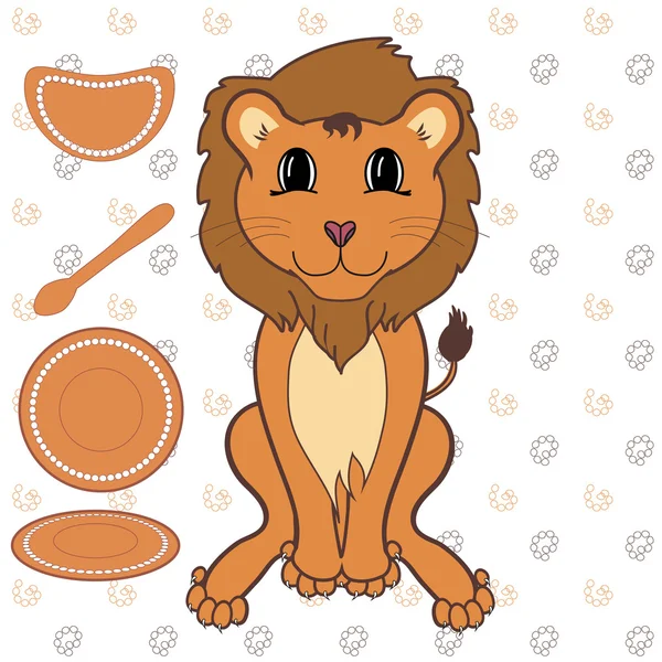 Baby leeuw met gerechten, patroon achtergrond — Stockvector