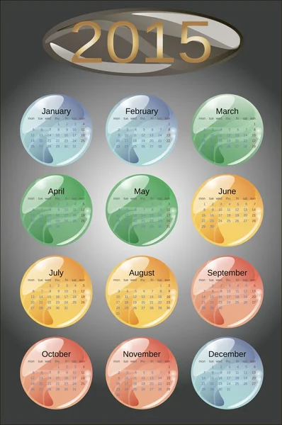 Glossy 2015 Calendrier semaine modèle commence par lundi, noms complets du mois, version verticale. Easy color edit, police gratuite utilisée. Couché. Saisons couleurs . — Image vectorielle