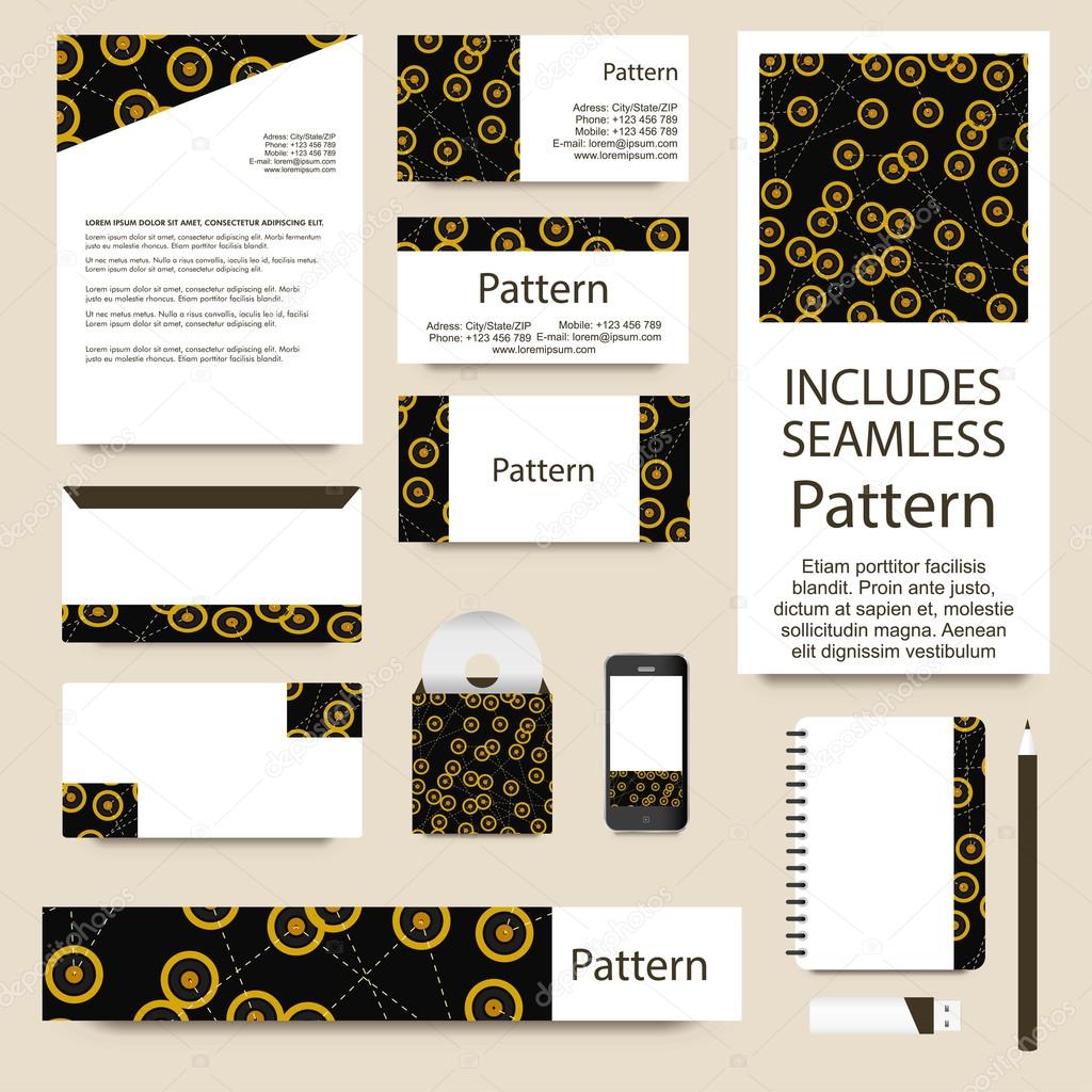 Vector stationery template design with modern contrast connected points ornament. INCLUDES SEAMLESS PATTERN. Good document structure - layered and grouped.