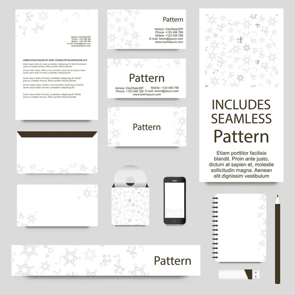 Modèle de papeterie vectorielle avec ornement de molécules de chimie. Y COMPRIS DES MODÈLES SANS COUCHE. Bonne structure de document - stratifié et groupé . — Image vectorielle