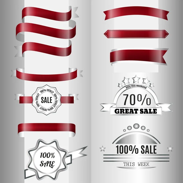 Set of dark red glossy ribbons and labels — Stock Vector