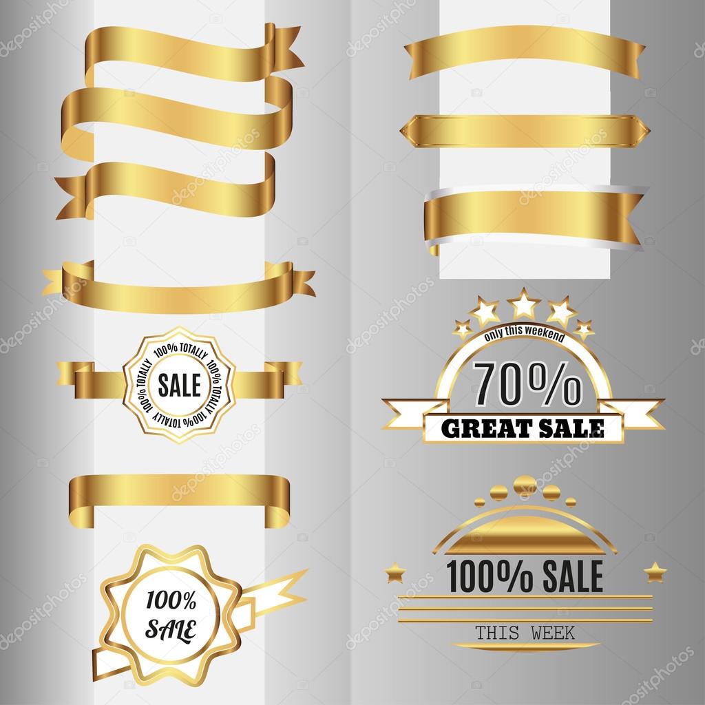 Golden ribbons set and sale labels. Free fonts are used.
