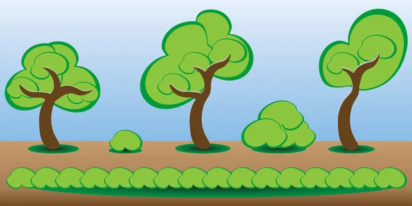 Set oyun kıymet ağaçlar, çalılar, çimen — Stok Vektör