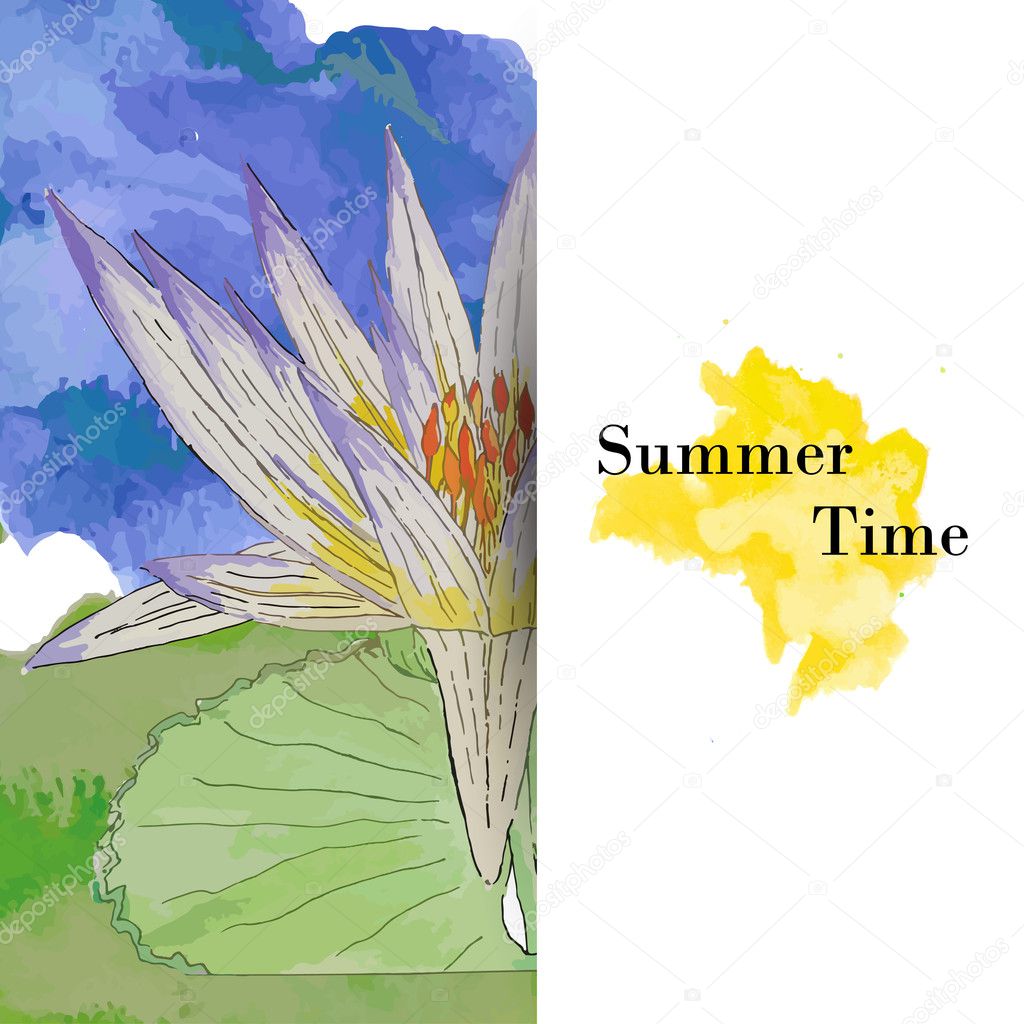 Summer time greeting card with watercolor waterlily