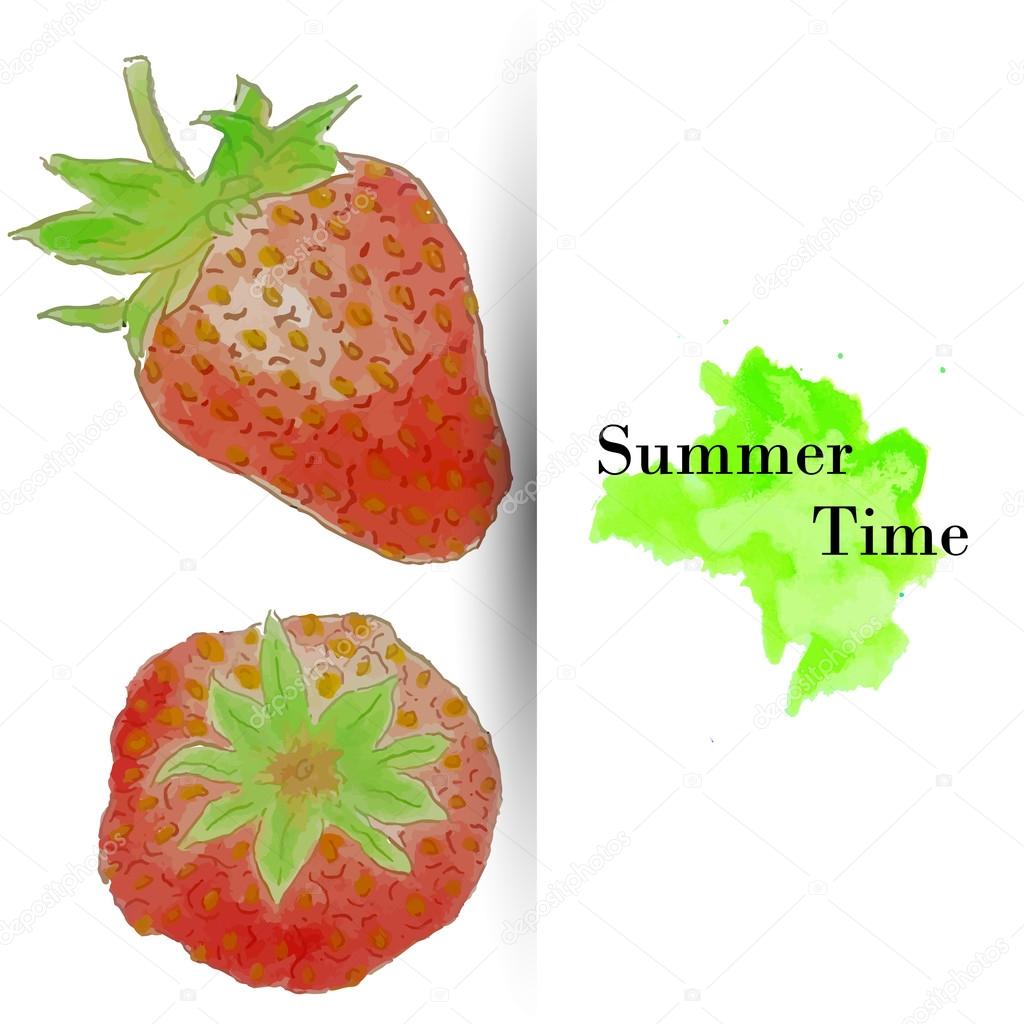 Summer time greeting card with watercolor strawberries