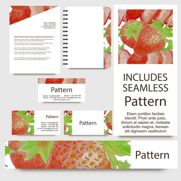 Business cards set with watercolor strawberries. INCLUDES SEAMLESS PATTERN — Stock Vector