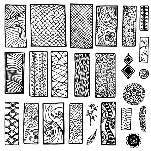Geometriai virágos doodle minta gyűjteménye. Geometriai törzsi zentangle háttérrel. Sablon keret kialakítása a kártya sorozata téglalapokat doodle. — Stock Vector