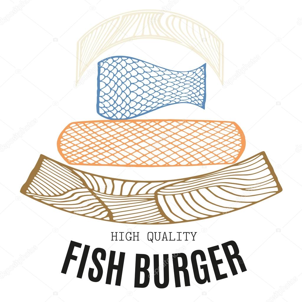 Fastfood restaurant logo - fish burger with zentangle ornament