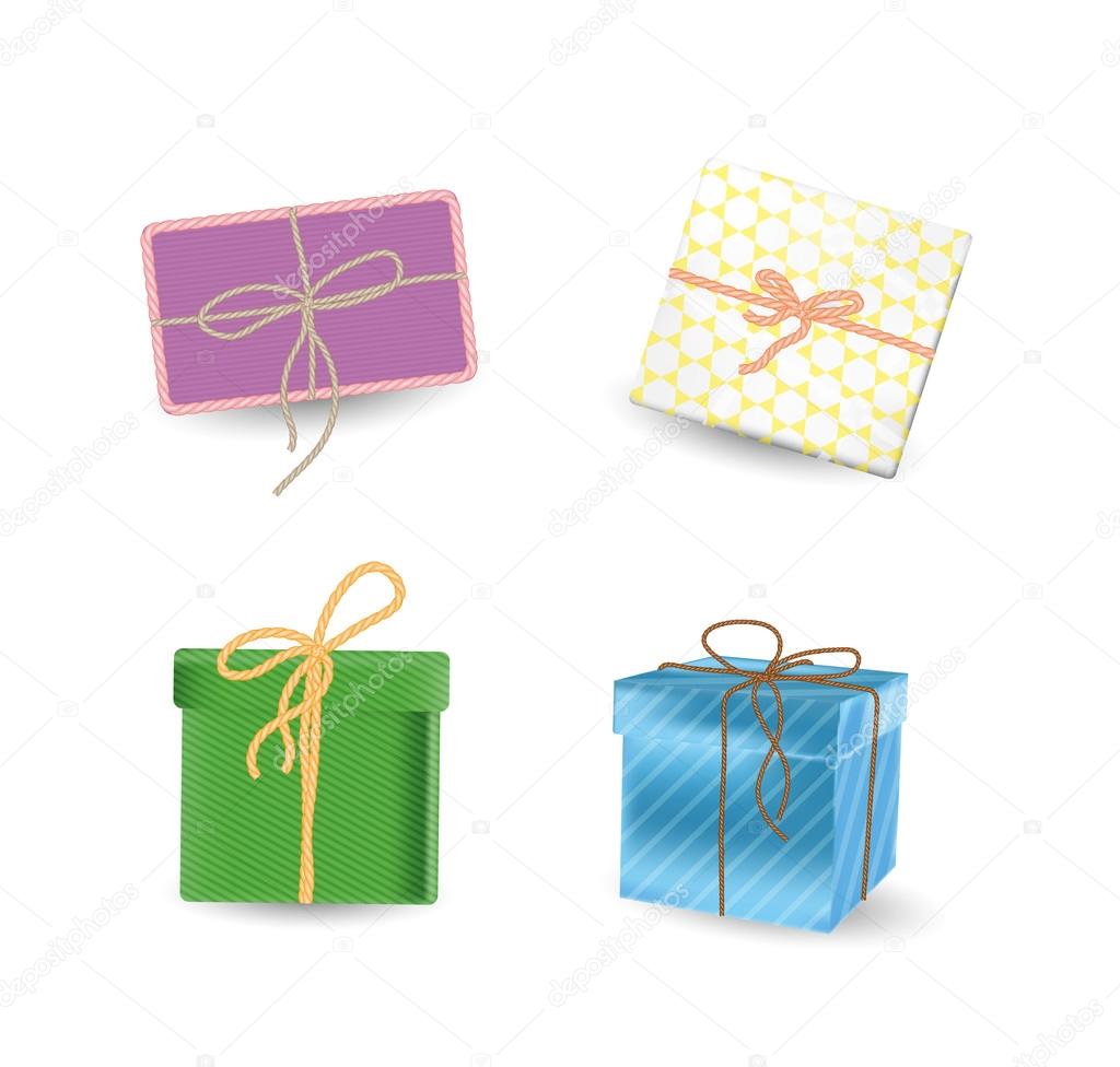 Present boxes set with ribbon bows and mail in wrapping paper