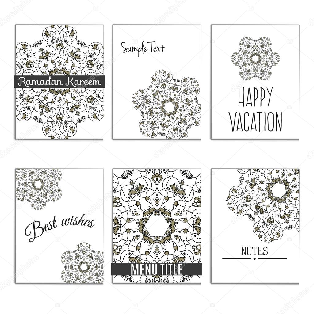 6 universal templates for menu cover, wedding card, book cover with moroccan islamic ornament.