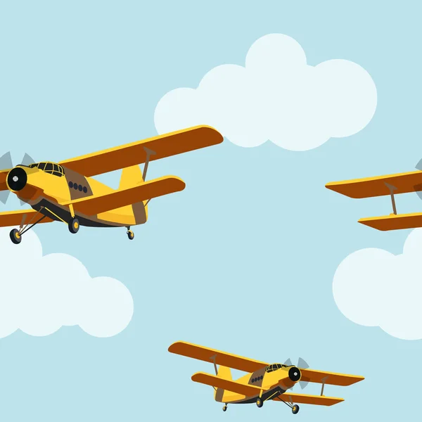 Avión vintage en el cielo nublado patrón sin costuras . — Vector de stock