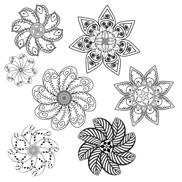 Set Dibujo a mano de elementos zentangle. Blanco y negro. Mandala de flores. Lo mejor para su diseño, tatuajes, identidad corporativa — Archivo Imágenes Vectoriales