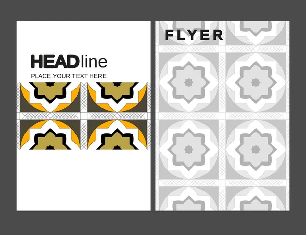 Folheto geométrico marroquino abstrato Desenho de panfleto Modelo vetorial de layout em tamanho A4, fontes verticais e livres são usadas. Boa estrutura documental . — Vetor de Stock