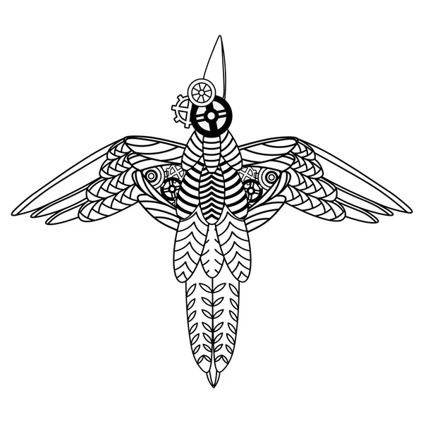 Flying Metal Bird dessiner dans le style steampunk. Silhouette isolée noire sur blanc. Art linéaire . — Image vectorielle