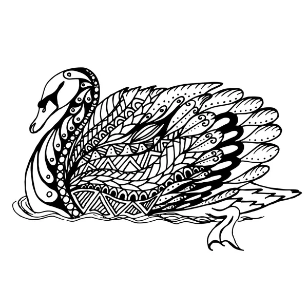 Cisne desenhado à mão na água para anti stress Colorir página com detalhes elevados, isolado em fundo branco, ilustração em estilo zentangle. Esboço monocromático vetorial. Coleção de pássaros . — Vetor de Stock
