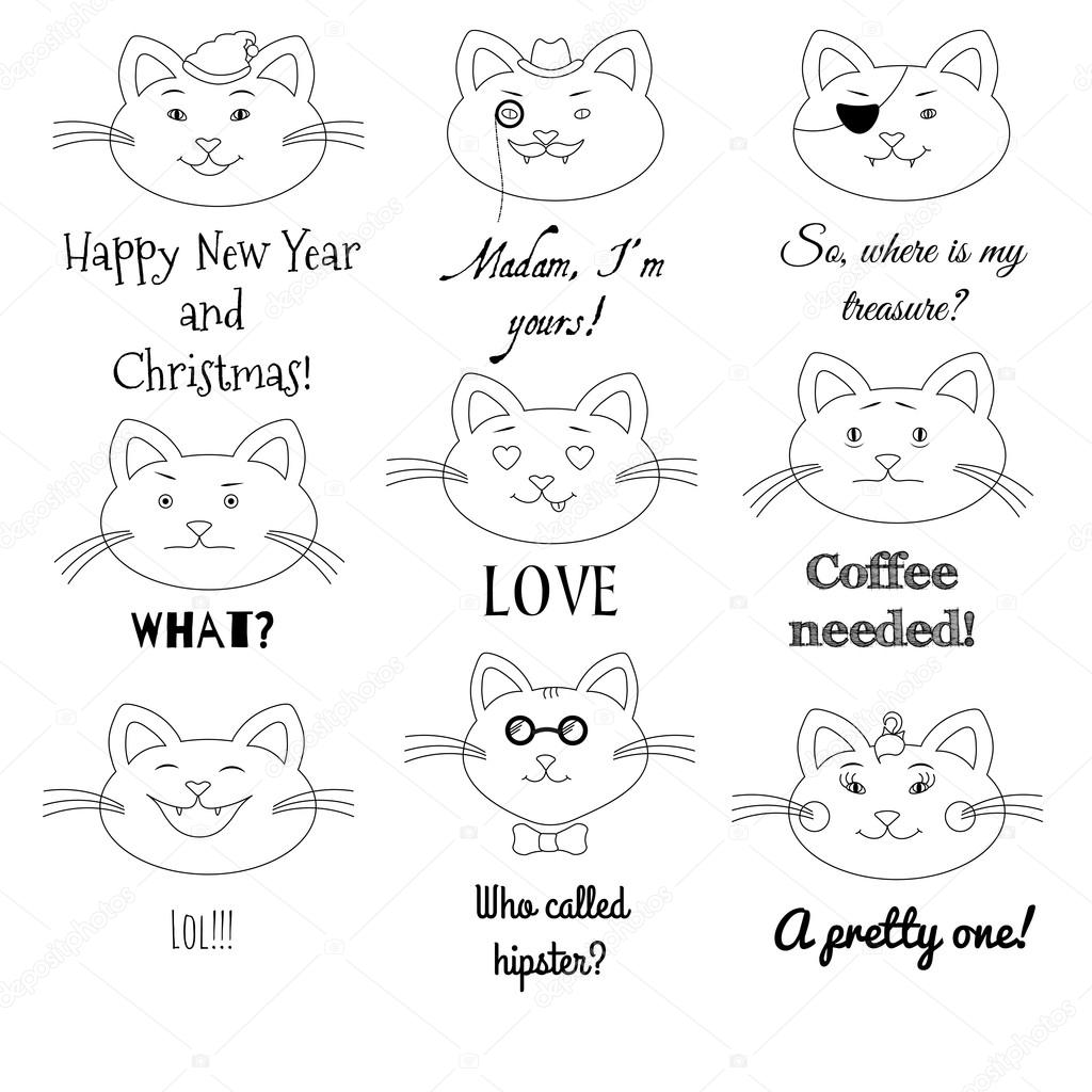 Cute cat illustration set. Grumpy, pirate, sir, girl, santa, in love, laughing, hipster, sad cats illustrations with text labels.