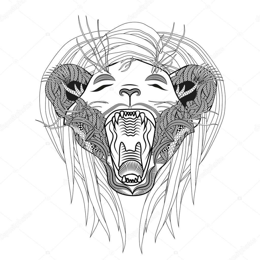 Hand drawn lion coloring page. Roaring zentangle lion.