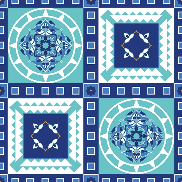 Gorgeous seamless pattern from blue Moroccan tiles, ornaments. — Stock Vector