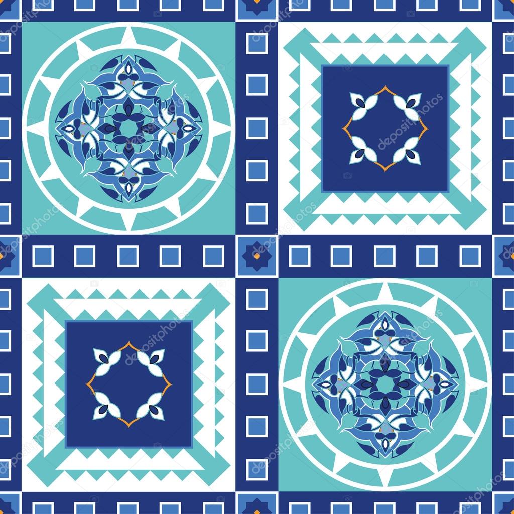 Gorgeous seamless pattern from blue Moroccan tiles, ornaments.