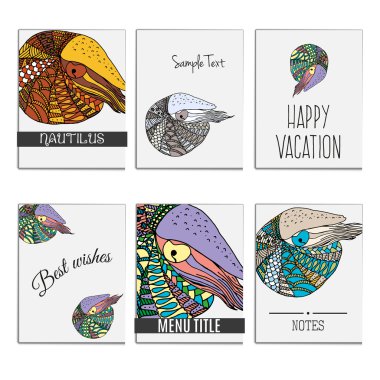 El çekilmiş set zentangle renkli nautilus için kartları arka plan şablonları. Deniz hayat akvaryumlar, deniz için kavram, merkezleri Dalış Merkezleri. Kullanılan kırpma maskesi.