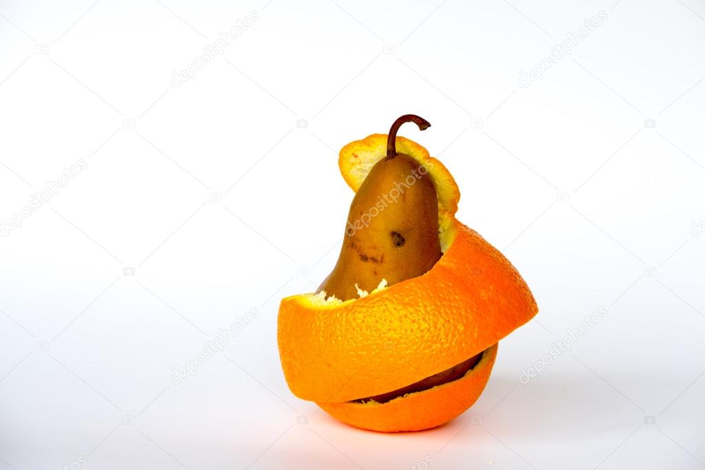 Pear wraped with an orange skin