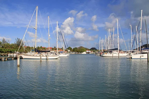 Segelboote ankern im fröhlichen Hafen Marina in Antigua Barbuda in der Karibik Kleine Antillen Westindien. — Stockfoto