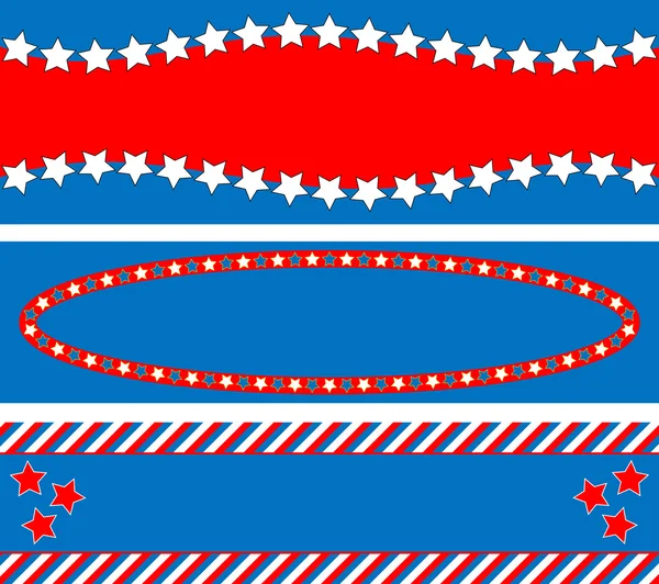 3 czerwony, biały i niebieski patriotyczne ramek lub granicy tła z gwiazd, paski i miejsce. — Zdjęcie stockowe