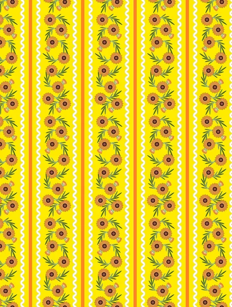 Vector eps10.  Yellow Striped Wallpaper pattern with orange flowers, ric rac trim and quilting stitching. — Stock Vector