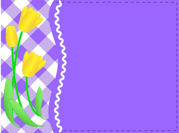 Vector eps10 espacio de copia púrpura con un lado blanco gingham y ric rac ajuste por debajo de tulipanes amarillos acentuado con puntos de acolchado . — Vector de stock