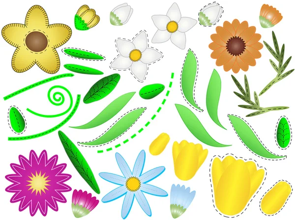 Vector eps8 various simple flowers, buds and leaves  with quilting stitches that you can assemble any way you want. — Stock Vector