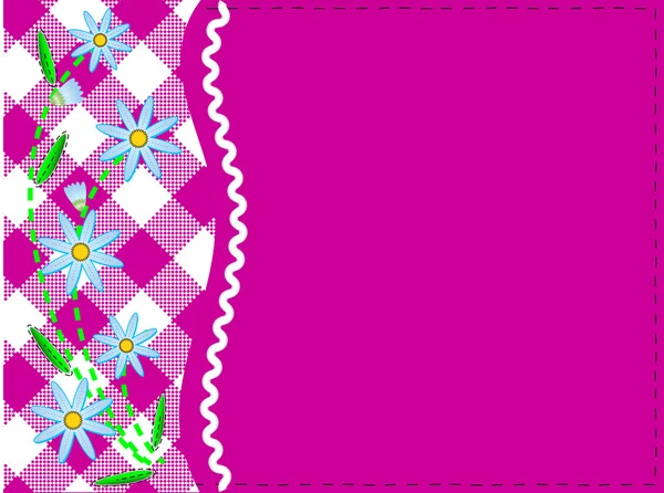 Vector eps8. Roze kopie ruimte met pastel en ric rac trim gegarneerd met blauwe korenbloemen en quilten steken. — Stockvector