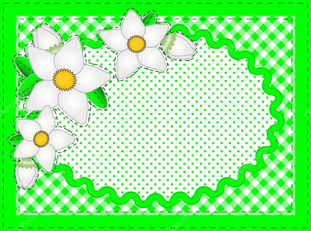 Eps10.  Vector border with oval copy space, flowers, gingham and dots in green, white containing quilting stitches.