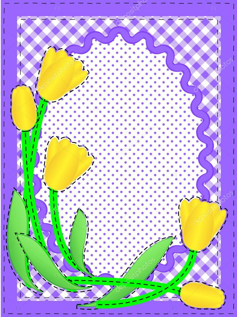 Eps10.  Vector border with oval copy space, flowers, gingham and dots in purple, white containing quilting stitches.