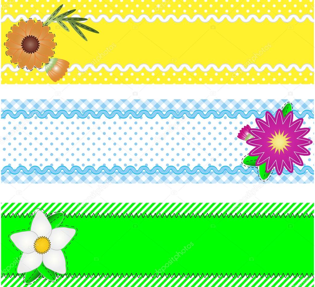 Eps10.  Three vector borders with copy space, flowers, stripes, gingham and dots in green, blue, yellow, white while containing quilting stitches and ric rac.