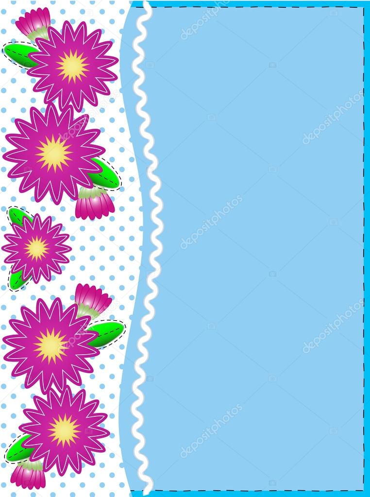 Eps10 vector.   Blue copy space with a side trim of Pink zinnias on top of polka dot background complemented by ric rac and quilting stitch accents.