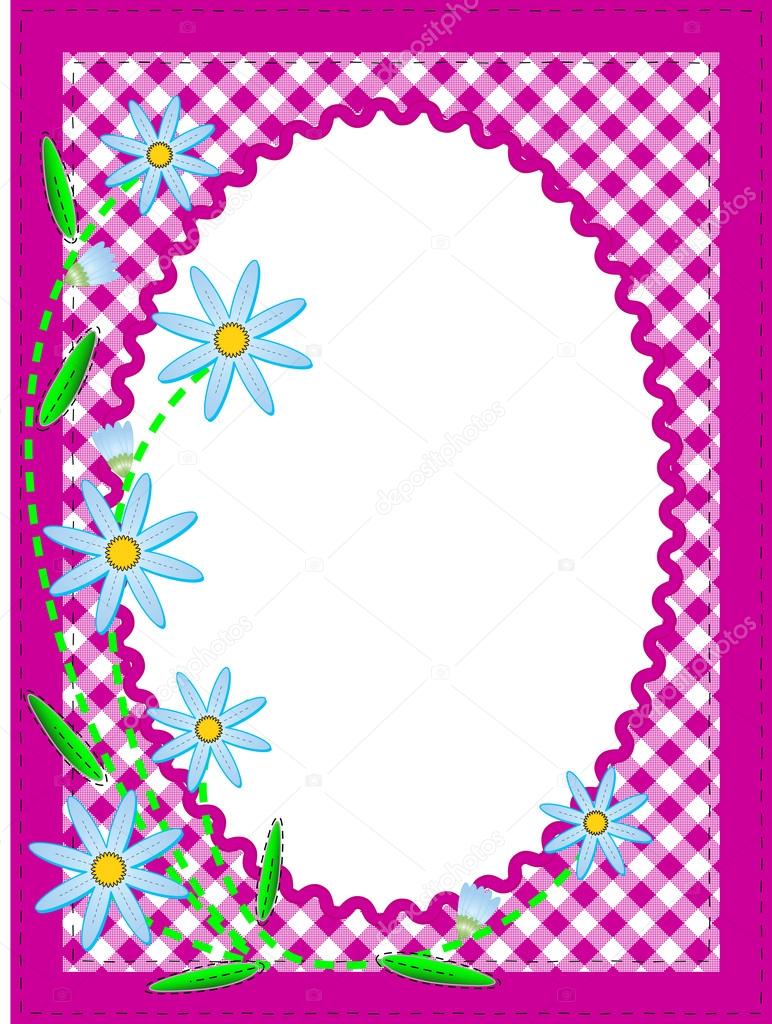 Vector eps10 white oval copy space trimmed in ric rac on top of a pink gingham background trimmed with blue cornflowers containing quilting stitches.