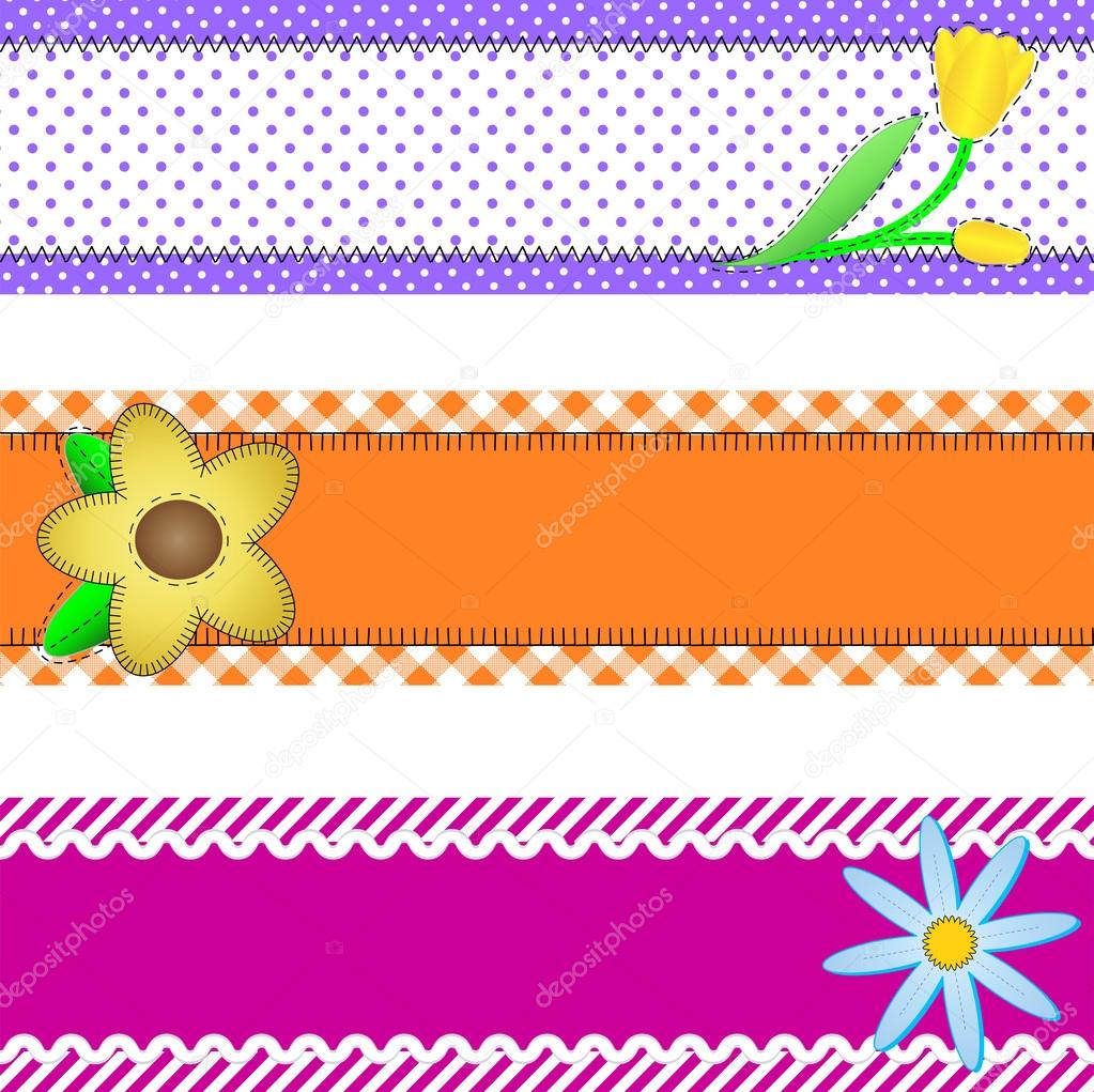 Vector eps10.  Three banners or borders of stripes, polka dots, or gingham with flowers, accent quilt stitches and plenty of copy space.