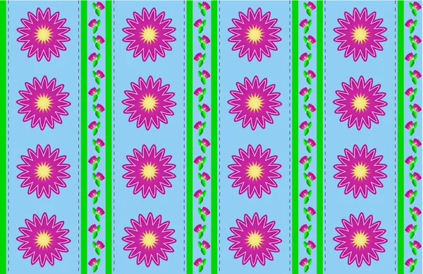 Vector eps10. Fondo de pantalla azul con mamás o zinnias rosadas acentuadas por rayas verdes y puntadas acolchadas . — Vector de stock